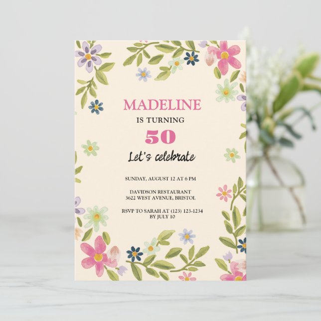 Convite 50.º aniversário flores coloridas doce aniversário (Em pé/Frente)