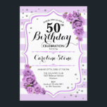 Convite 50.º aniversário - Flores Lavandas de Púrpura Bran<br><div class="desc">50º Convite de Aniversário,  design de lavanda roxa branca Elegante com falso brilho. Tiras prateadas e brancas com rosas lilás roxas. Perfeito para uma elegante quinquagésima festa de aniversário.</div>