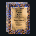 Convite 50.º Aniversário Impressão Dourada em Animais<br><div class="desc">Um padrão de impressão em animais selvagens em azul,  castanho e ouro é sobreposto por uma camada de folha de folhas de ouro e os seus 50º detalhes de festa de aniversário em letra chic - excelente para QUALQUER aniversário da AGE. COORDENANDO itens disponíveis em nossa loja.</div>