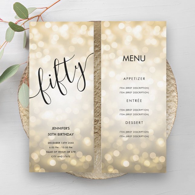Convite 50. º Aniversário: Luzes Douradas de brilho (50th Birthday Menu Gold Glitter Lights Invitation)