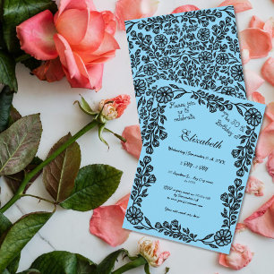 Convite 50.º aniversário Preto e Azul Floral Botânica