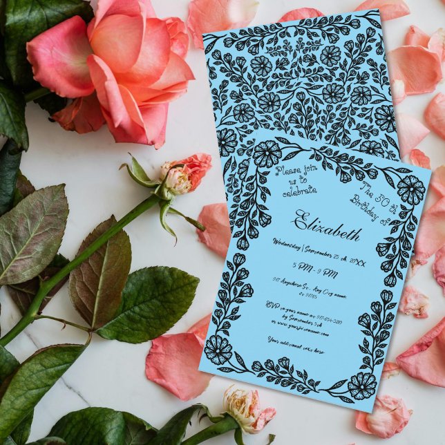 Convite 50.º aniversário Preto e Azul Floral Botânica (Criador carregado)
