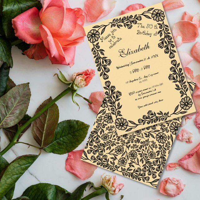 Convite 50.º Aniversário, Preto e Bigado, Banho Botânico (Criador carregado)