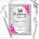 Convite 50.º aniversário - Rosas Rosa-Rosa-Stripes-Prata<br><div class="desc">50º Convite de Aniversário. Design floral elegante em prata e rosa. Possui riscas prateadas com brilho sujo,  fonte de script na moda de rosas rosa e confetti. Perfeito para uma festa de aniversário de vidro.</div>