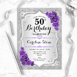 Convite 50.º aniversário - Rosas Roxos de Prata<br><div class="desc">50º Convite de Aniversário. Design floral elegante em prata e roxo. Apresenta faixas de prata com brilho sujo,  fontes de script na moda de rosa de de roxo e confetti. Perfeito para uma festa de aniversário de vidro.</div>