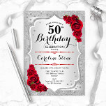 Convite 50.º aniversário - Rosas vermelhas de Stripes de P<br><div class="desc">50º Convite de Aniversário. Design floral elegante em prata e vermelho. Apresenta faixas de prata com brilho inverso,  fonte de script do rosa vermelha na moda e confetti. Perfeito para uma festa de aniversário de vidro.</div>