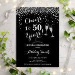 Convite 50.º aniversário - Saúde A 50 Anos Prata Negra<br><div class="desc">50º Convite de Aniversário. Saúde Para 50 Anos! Design elegante em preto,  branco e prata. Apresenta óculos de champanhe,  fonte de script e confete prateado brilhante. Perfeito para na moda 50 festas de aniversário. Personalize com seus próprios detalhes. Pode ser personalizado para mostrar qualquer idade.</div>