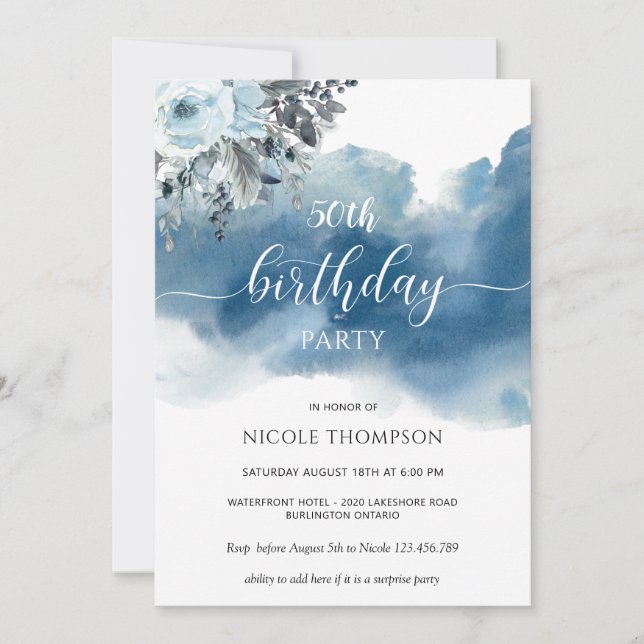 Convite 50.º ou outra Aquarela Azul de Aniversário com Flo (Frente)