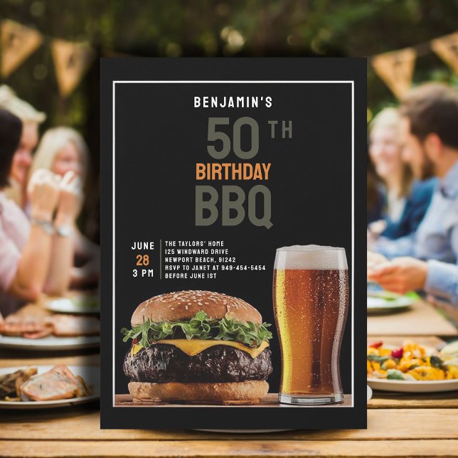 Convite 50.a Festa de aniversário para CHURRASCO de jardim (backyard bbq men 50th birthday invitation black orange burger beer elegant modern classy chic)