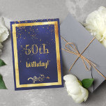Convite 50.a festa de aniversário - quadro dourado azul<br><div class="desc">Uma carta de convite de aniversário festiva e elegante. Uma cor de fundo azul-da-meia-noite escura e uma imagem de ouro falsa. Com um ouro de chuva confete. A cor azul é irregular. Na frente do texto: 50º aniversário! e uma decoração floral falsa de ouro. Traseira: Modelos para informações de sua...</div>