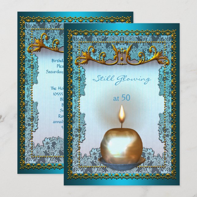 Convite 50 Ainda Velas de Aniversário Teal Dourado Brilhan (Frente/Verso)