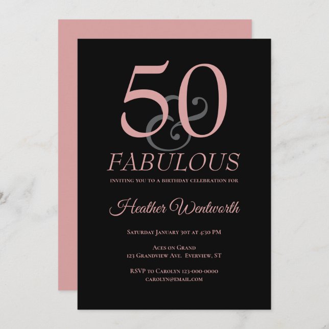 Convite 50 and Fabulous 50th Birthday Dusty Pink (Frente/Verso)