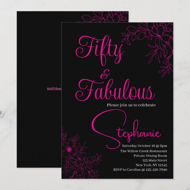 Convite 50 and Fabulous | 50th Birthday Party Black Pink (Frente/Verso)