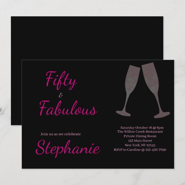 Convite 50 and Fabulous | 50th Birthday Party Black Pink (Frente/Verso)