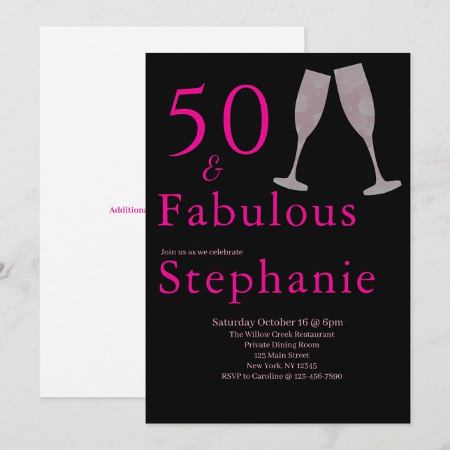 Convite 50 and Fabulous | 50th Birthday Party Black Pink (Frente/Verso)
