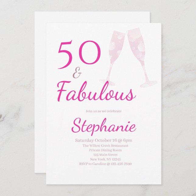 Convite 50 and Fabulous | 50th Birthday Party Pink (Frente/Verso)