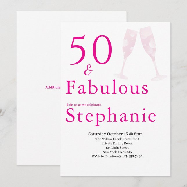 Convite 50 and Fabulous | 50th Birthday Party Pink (Frente/Verso)