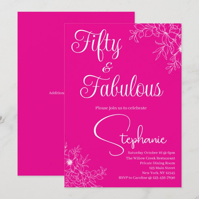 Convite 50 and Fabulous | 50th Birthday Party Pink White (Frente/Verso)