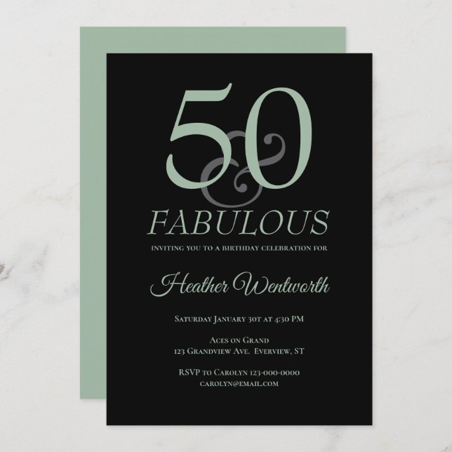 Convite 50 and Fabulous 50th Birthday Sage Black (Frente/Verso)