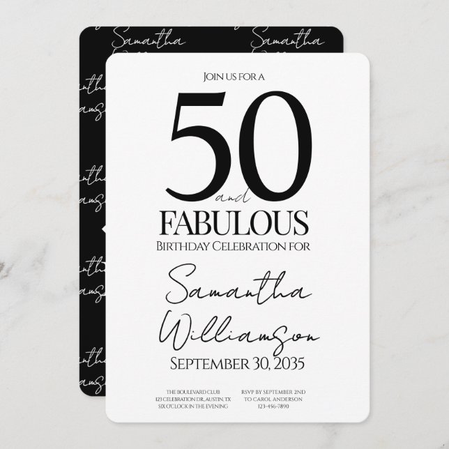 Convite 50 and Fabulous Black | 50th Birthday Elegant  (Frente/Verso)