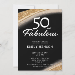 Convite 50 and Fabulous Bold Black Gold Birthday