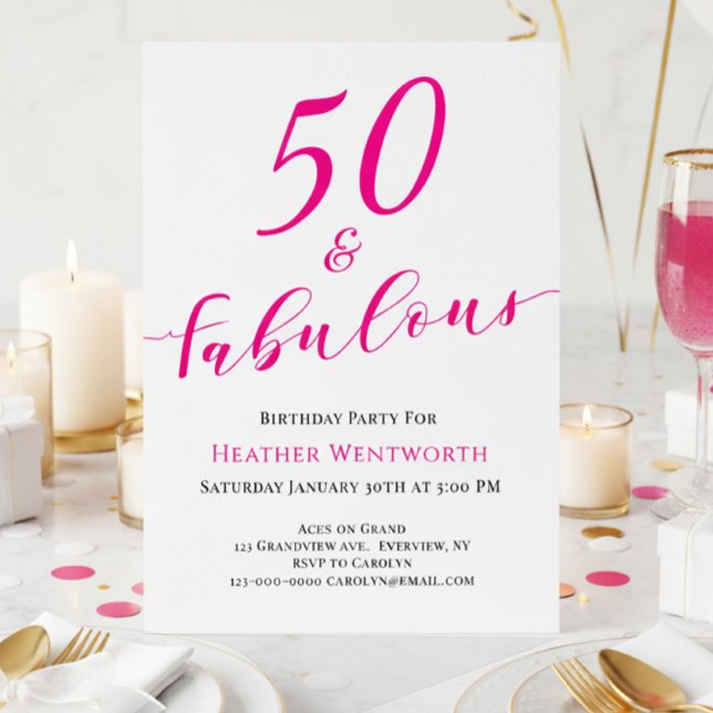 Convite 50 and Fabulous Fiftieth Birthday Hot Pink Script (Criador carregado)