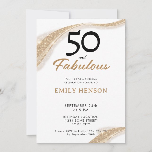 Convite 50 and Fabulous Gold 50th Birthday Invitation (Frente)