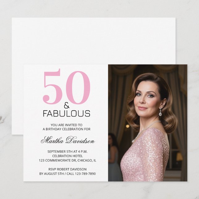 Convite 50 and Fabulous Pink 50th Birthday (Frente/Verso)