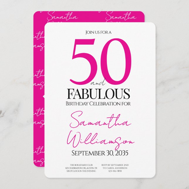 Convite 50 and Fabulous Pink | 50th Birthday Elegant  (Frente/Verso)