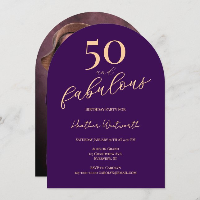 Convite 50 and Fabulous Purple Fiftieth Birthday Photo (Frente/Verso)