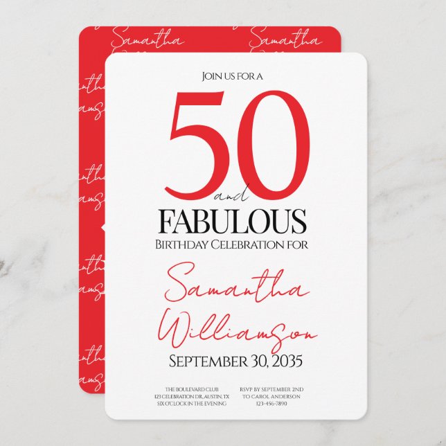 Convite 50 and Fabulous Red | 50th Birthday Elegant Simple (Frente/Verso)