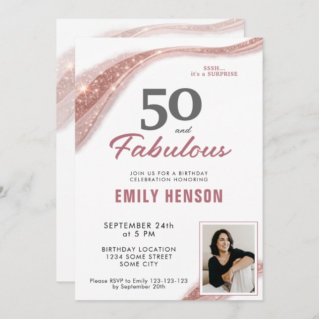 Convite 50 and Fabulous Rose Gold 50th Birthday (Frente/Verso)