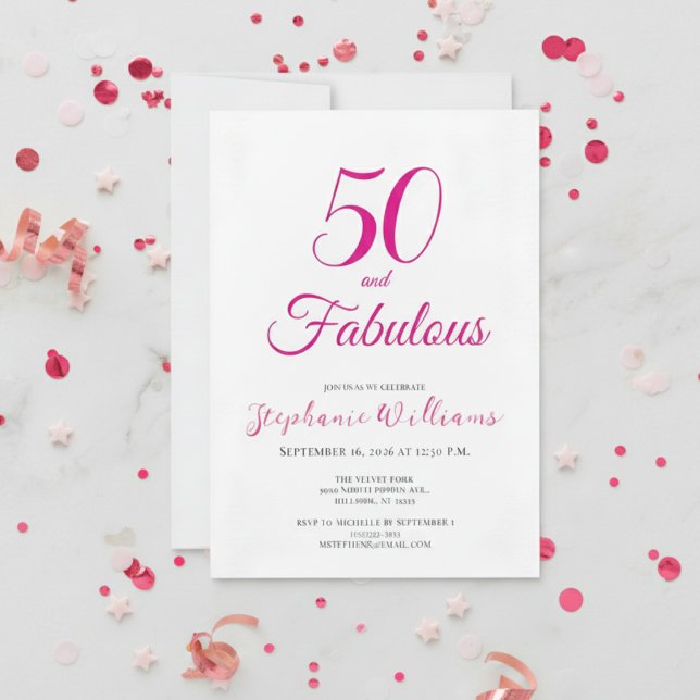 Convite 50 and Fabulous Script Pink 50th Birthday Party (Criador carregado)