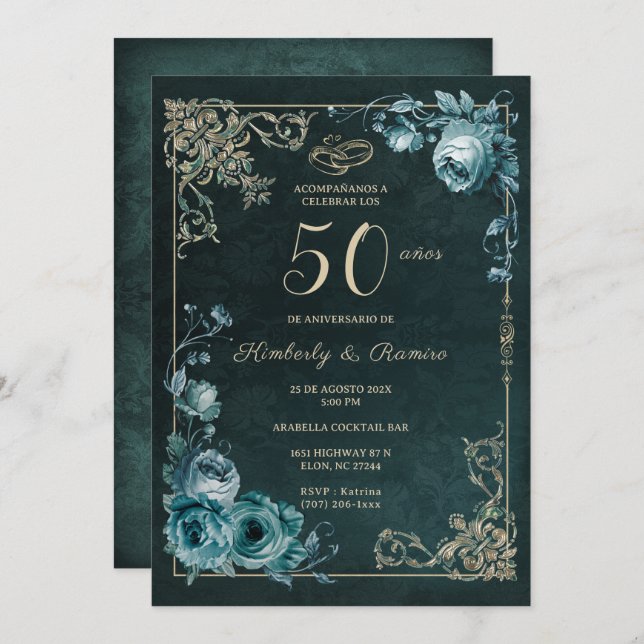 Convite 50 Aniversario Floral Vintage (Frente/Verso)