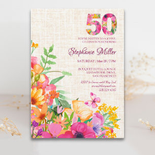 Convite 50 Anos Flores Floral Linho Aniversário de 50 anos
