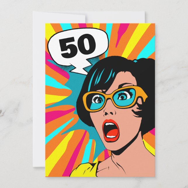 Convite 50 anos surpreendido mulher pop art (Frente)