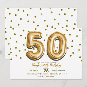 Convite 50 Balões Dourados e Confetes Festa de Aniversário