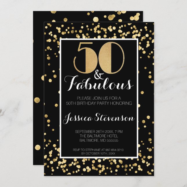 Convite 50 e Dourada e fabulosa Festa de aniversário 50 (Frente/Verso)
