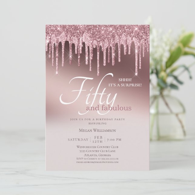 Convite 50 e Fabulosa Aniversário Glitter Rosa Surpresa (Em pé/Frente)