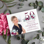 Convite 50 e fabulosa festa de aniversário 50ª foto elegan<br><div class="desc">Elegante feminina 50 e fabulosa fotografia de festa de aniversário e convite personalizado de nome com rosas vermelho-d'água,  poeirentos e azuis,  e um moderno roteiro de tipografia.</div>