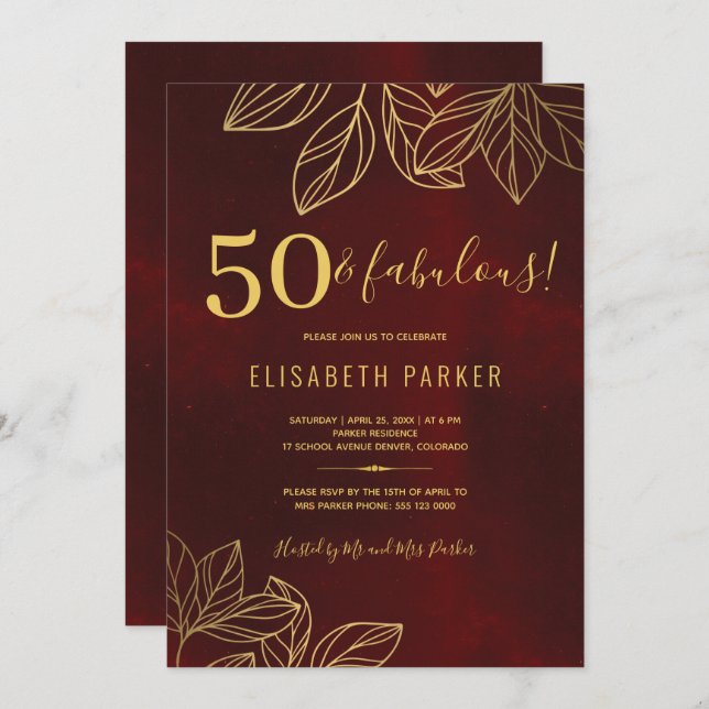 Convite 50 e fabulosa festa de aniversário 50 de ouro eleg (Frente/Verso)