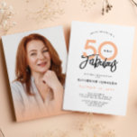 Convite 50 e Fabulosa Festa de aniversário 50 Moderna<br><div class="desc">Confira este adorável e na moda convite fotográfico de 50 anos em um espantoso pêssego e paleta preta em fundo branco! É uma design moderna que você pode personalizar com sua própria foto para torná-la exclusivamente sua. As palavras "50 e Fabuloso" são elogiosamente exibidas usando a tipografia de tendências. Sinta-se...</div>