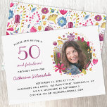 Convite 50 e Fabulosa Festa de aniversário de Fotografias<br><div class="desc">50 e bonito e fabulosa coroa de água floral floral floral floral em volta da fotografia da aniversariante. A parte de trás apresenta um padrão floral para combinar. Altere a foto,  os detalhes e até a idade para personalizar. Crédito da fotografia: Fotografia © Storytree Studios,  Stanford,  CA</div>