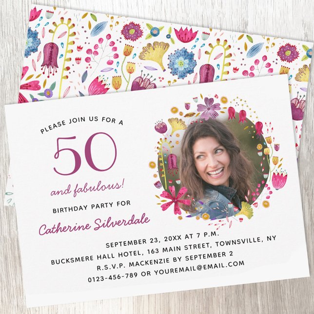 Convite 50 e Fabulosa Festa de aniversário de Fotografias  (Fifty and fabulous floral photo birthday party invitation)