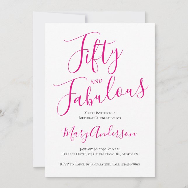 Convite 50 e Fabulosa Festa de aniversário de Script Rosa  (Frente)