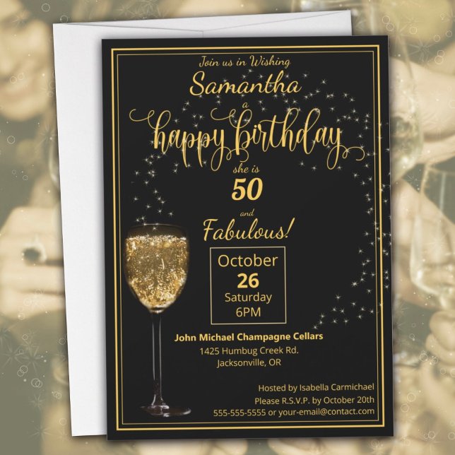 Convite 50 e Fabulosa Festa de aniversário Dourada e Preta (50 and Fabulous Black and Gold Birthday Party Invitation)