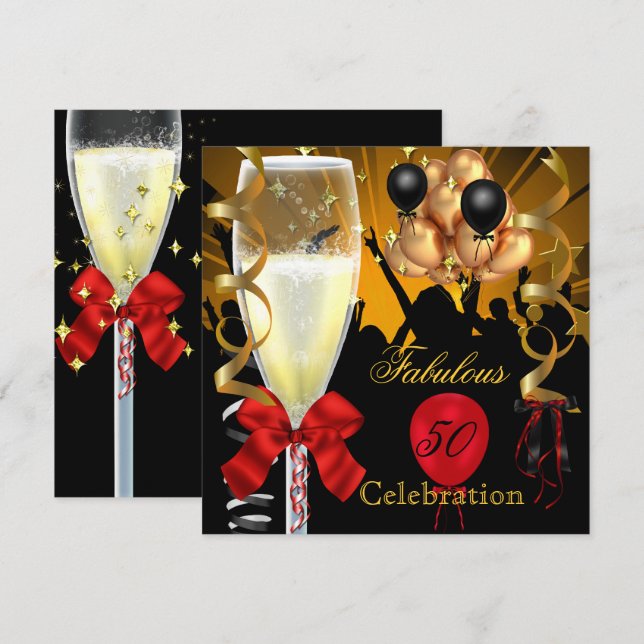 Convite 50 e Fabulosa Festa de aniversário Dourada Vermelh (Frente/Verso)