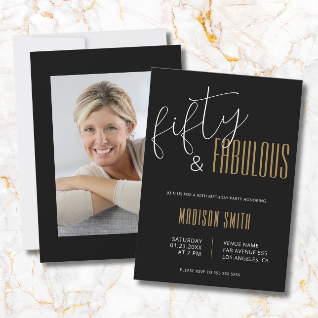 Convite 50 e Fabulosa Foto 50º Aniversário Dourado (50 and Fabulous Photo 50th Birthday Black Gold Invitation)