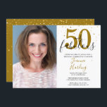 Convite 50 e Fabulosa Foto de Aniversário Dourado Elegante<br><div class="desc">Este convite de aniversário de 50 anos de chic elegante e estrelas douradas fabulosas confetti pode ser personalizado com seus detalhes de festa de aniversário definidos em texto moderno e foto especial. O inverso tem estrelas douradas em um plano de fundo de ouro complementar. Projetado por Thisnotme©</div>