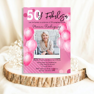 Convite 50 e Fabulosa Foto Rosa Espanhol Aniversário de 50